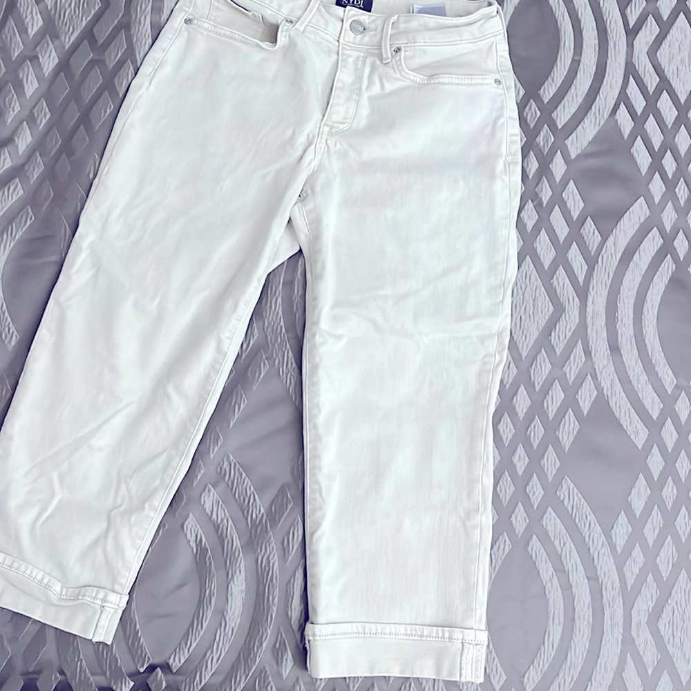 Tan crop jeans by NYDJ. Size six with stretch.